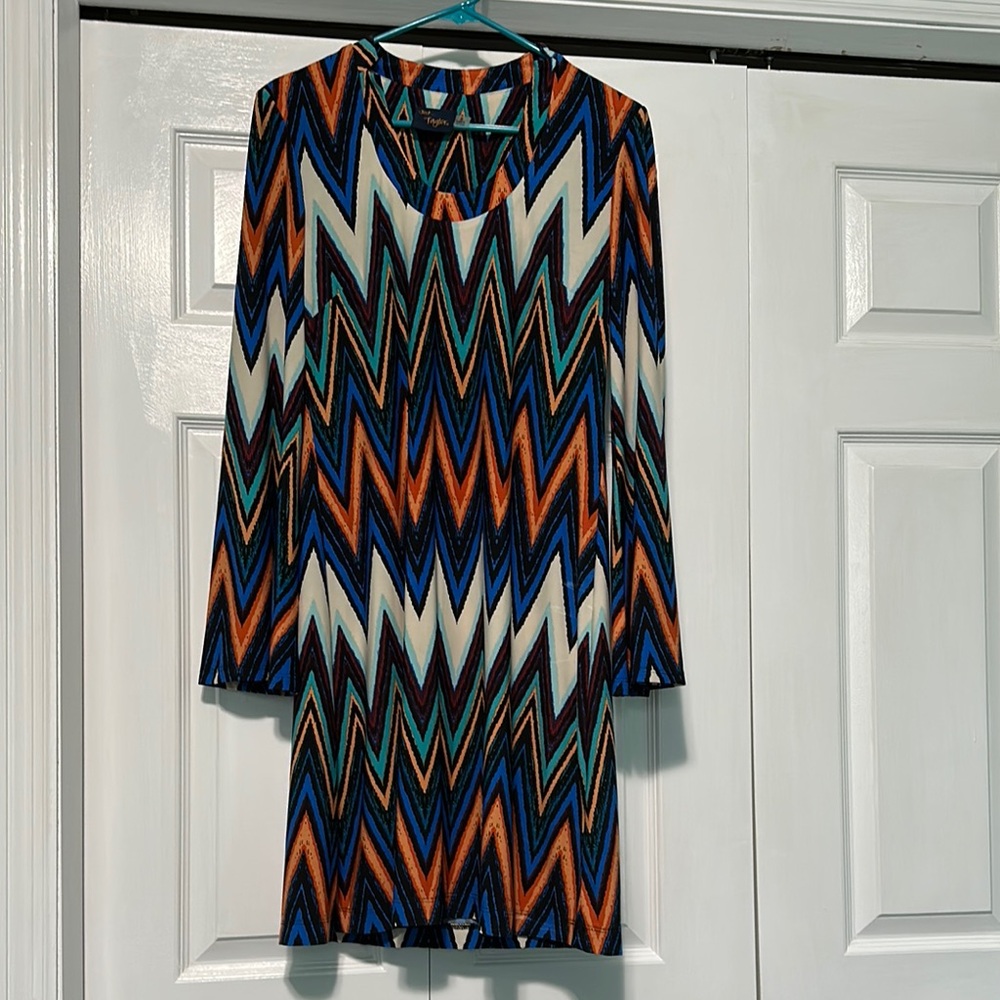 Taylor Blue and White Long Sleeve Sheath Dress for Work